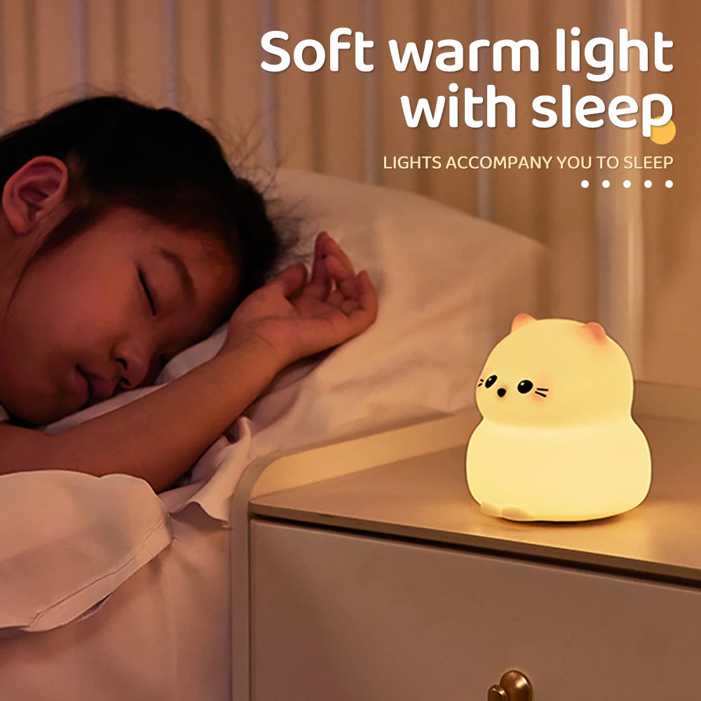 Cute Silicone Cat Night Light – Dimmable Touch Lamp, Rechargeable & Cordless for Kids’ Rooms