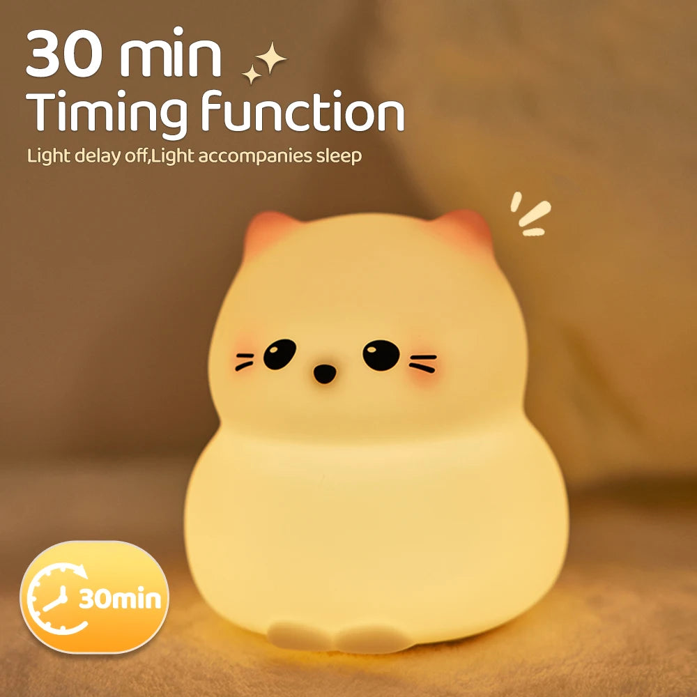 Cute Silicone Cat Night Light – Dimmable Touch Lamp, Rechargeable & Cordless for Kids’ Rooms
