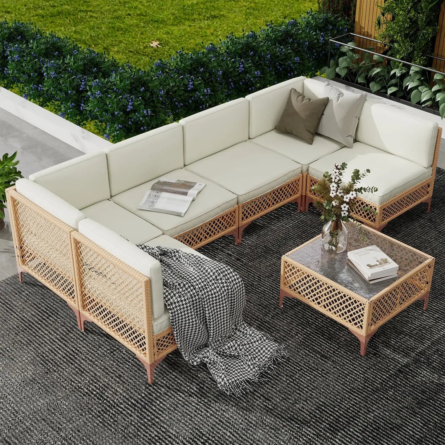 7 Piece Boho Patio Furniture Set with Deep Seating – All-Weather Wicker Sectional, 6" Cushions & Glass Coffee Table