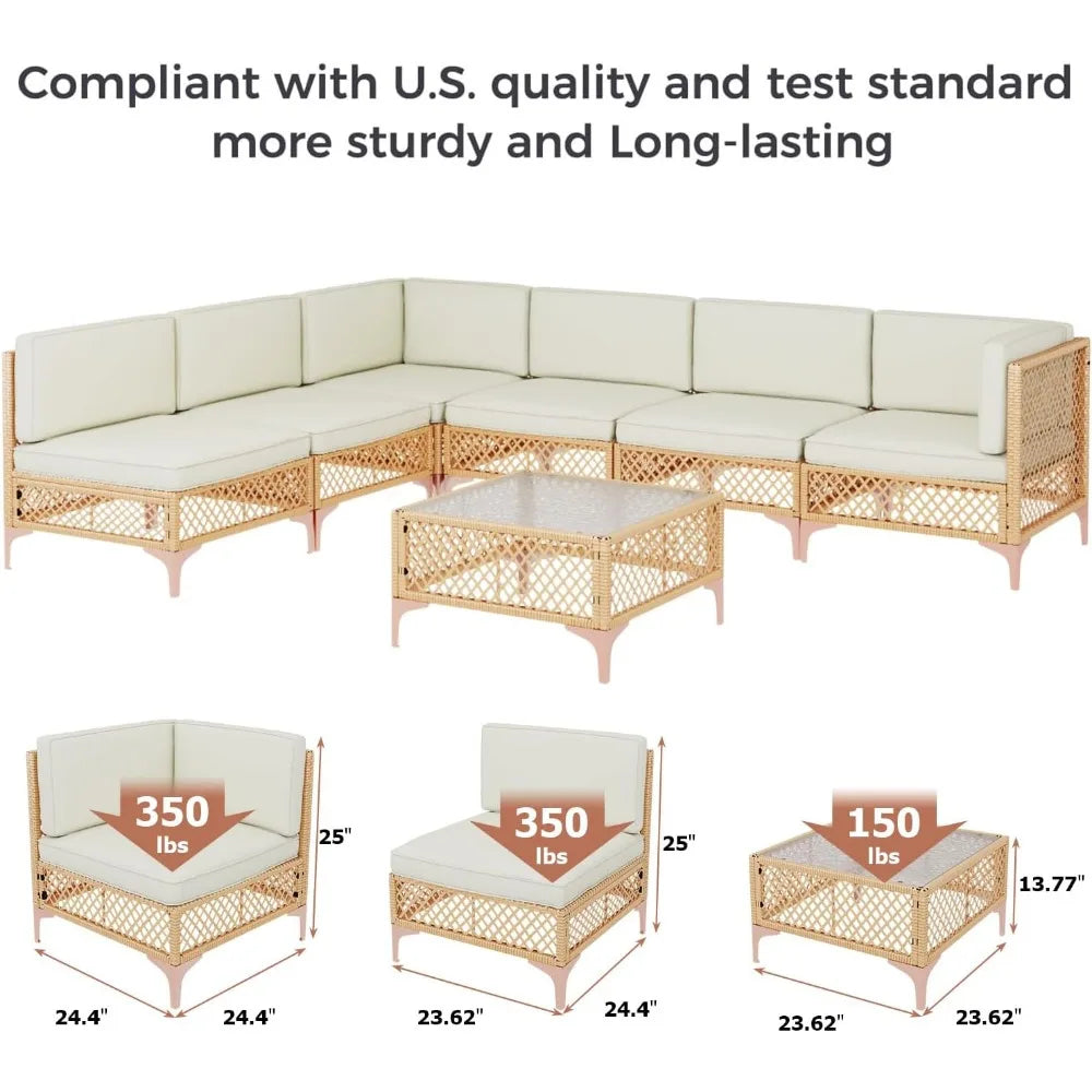 7 Piece Boho Patio Furniture Set with Deep Seating – All-Weather Wicker Sectional, 6" Cushions & Glass Coffee Table