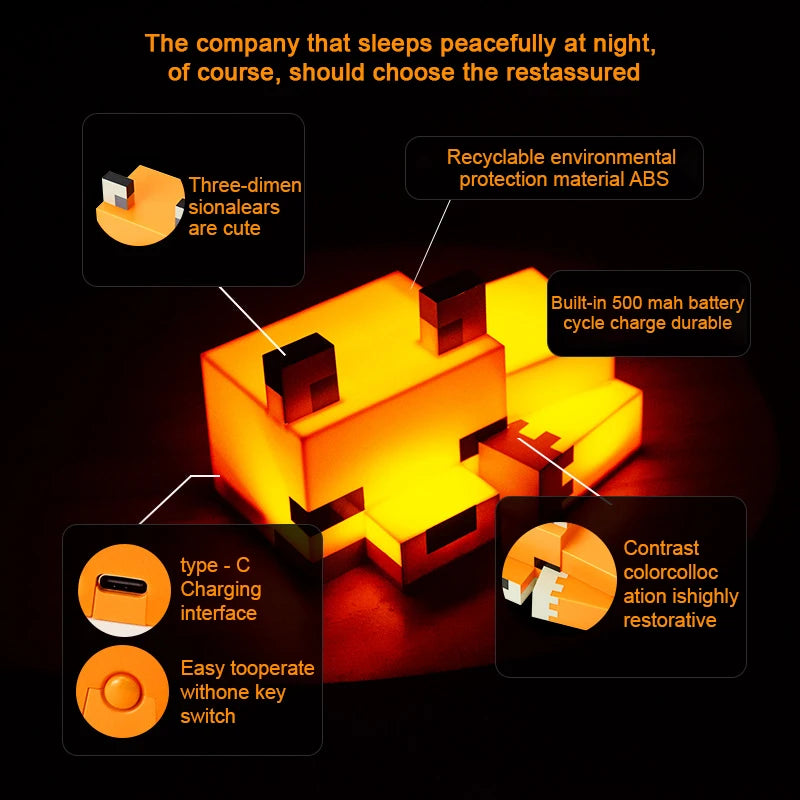 MC Game Baby Fox Night Light – LED Desk Lamp for Gaming Room & Kids' Bedroom