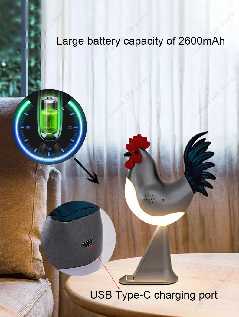USB Rechargeable LED Rooster Table Lamp – Cordless Decorative Animal Light for Bedroom, Living Room & Hallway