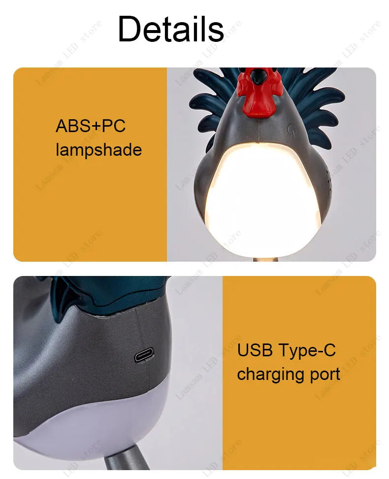 USB Rechargeable LED Rooster Table Lamp – Cordless Decorative Animal Light for Bedroom, Living Room & Hallway