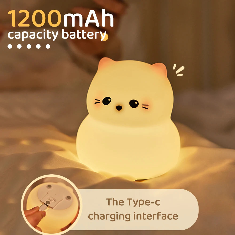 Cute Silicone Cat Night Light – Dimmable Touch Lamp, Rechargeable & Cordless for Kids’ Rooms