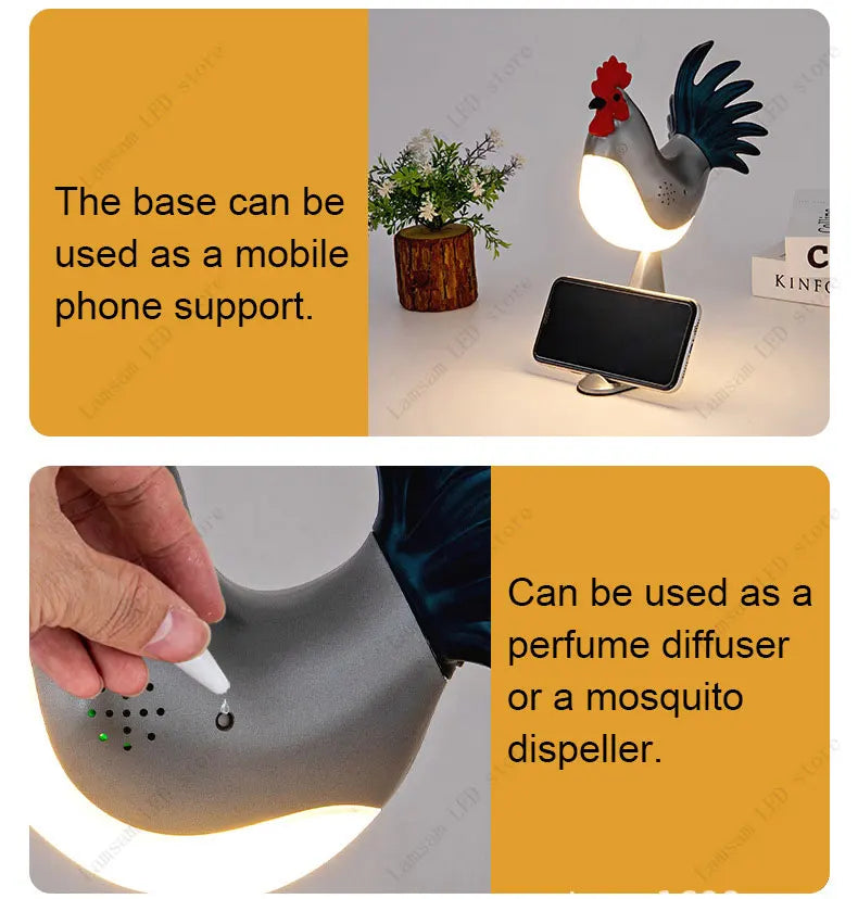 USB Rechargeable LED Rooster Table Lamp – Cordless Decorative Animal Light for Bedroom, Living Room & Hallway