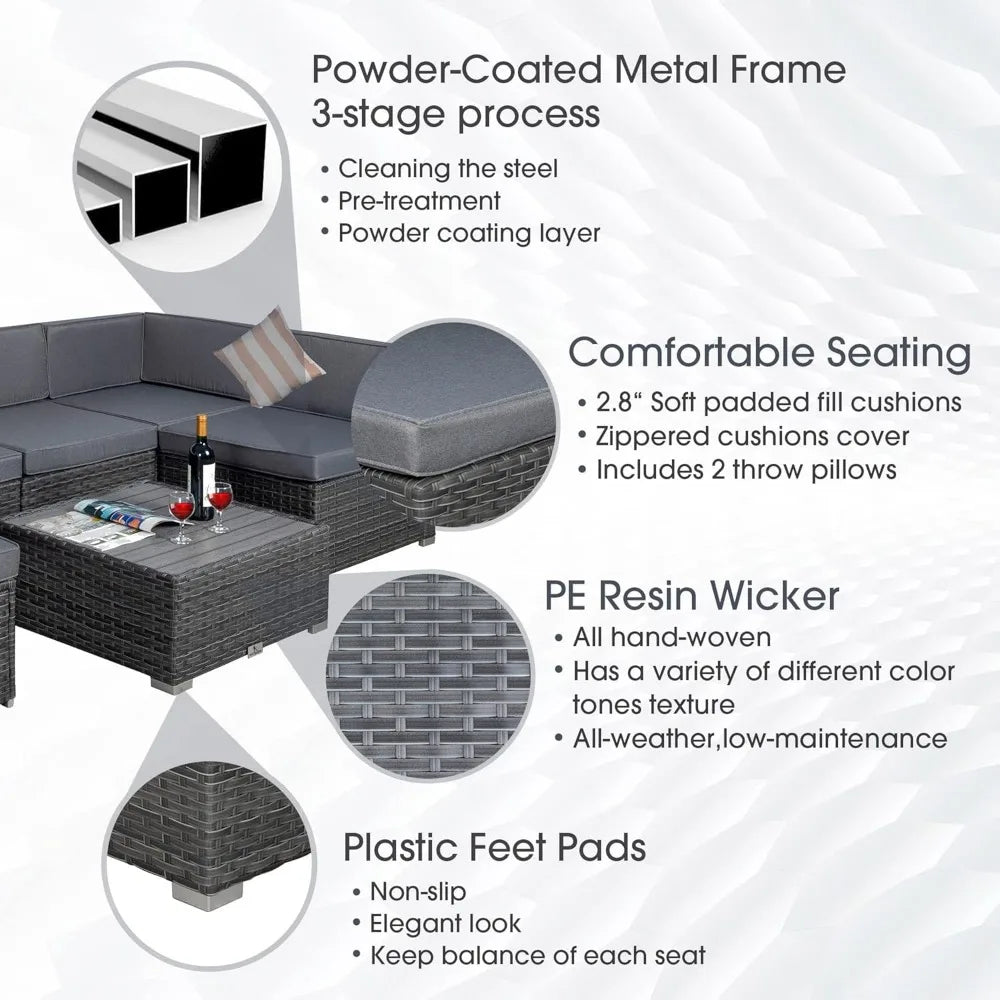 7-Piece Wicker Patio Furniture Set – Modular Sectional with Cushions & Coffee Table