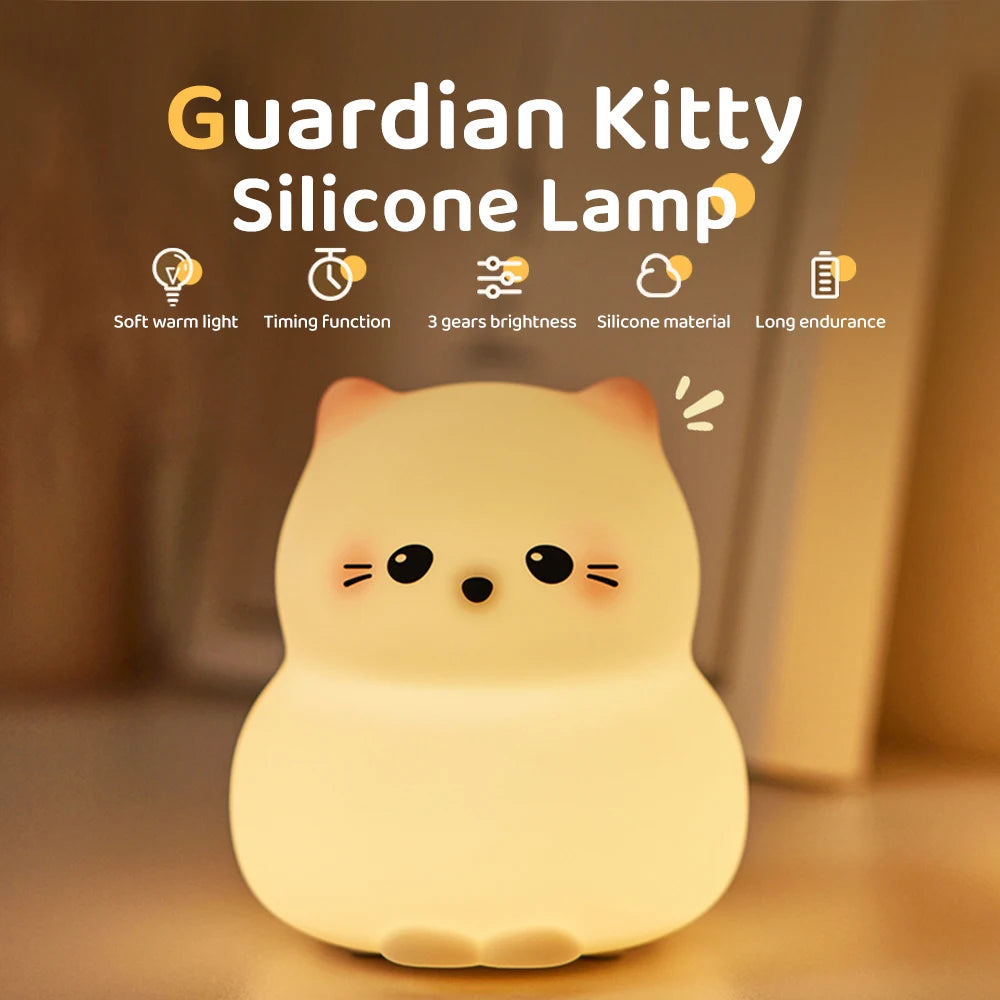Cute Silicone Cat Night Light – Dimmable Touch Lamp, Rechargeable & Cordless for Kids’ Rooms