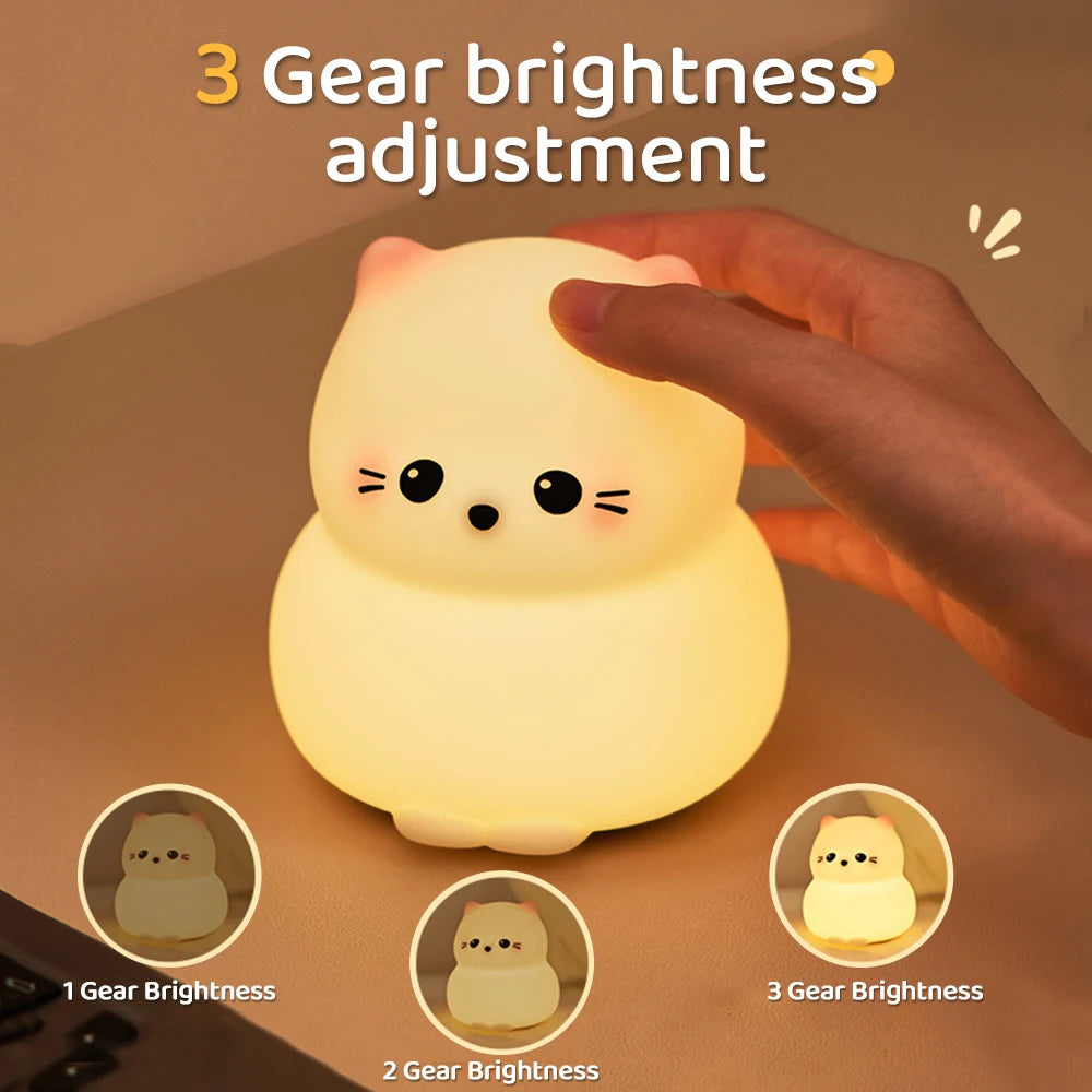 Cute Silicone Cat Night Light – Dimmable Touch Lamp, Rechargeable & Cordless for Kids’ Rooms