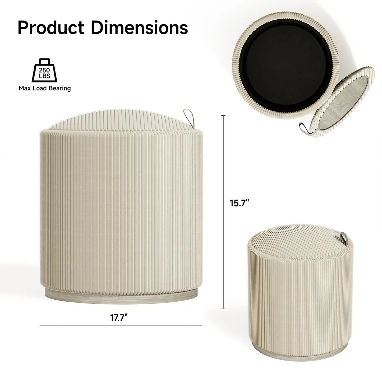 Round Storage Ottoman Stool – Upholstered Vanity Seat with Removable Lid & Hidden Organizer