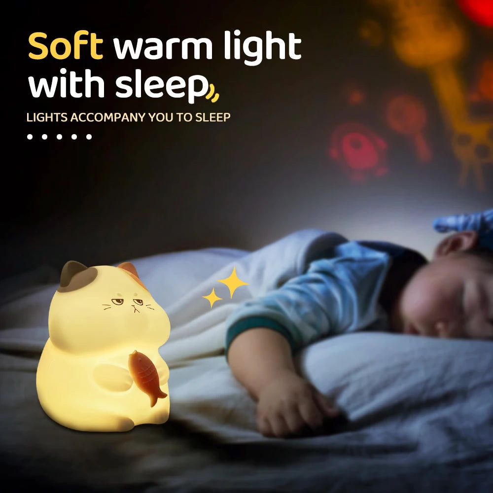 Cute Silicone Cat Night Light – Dimmable Touch Lamp, Rechargeable & Cordless for Kids’ Rooms