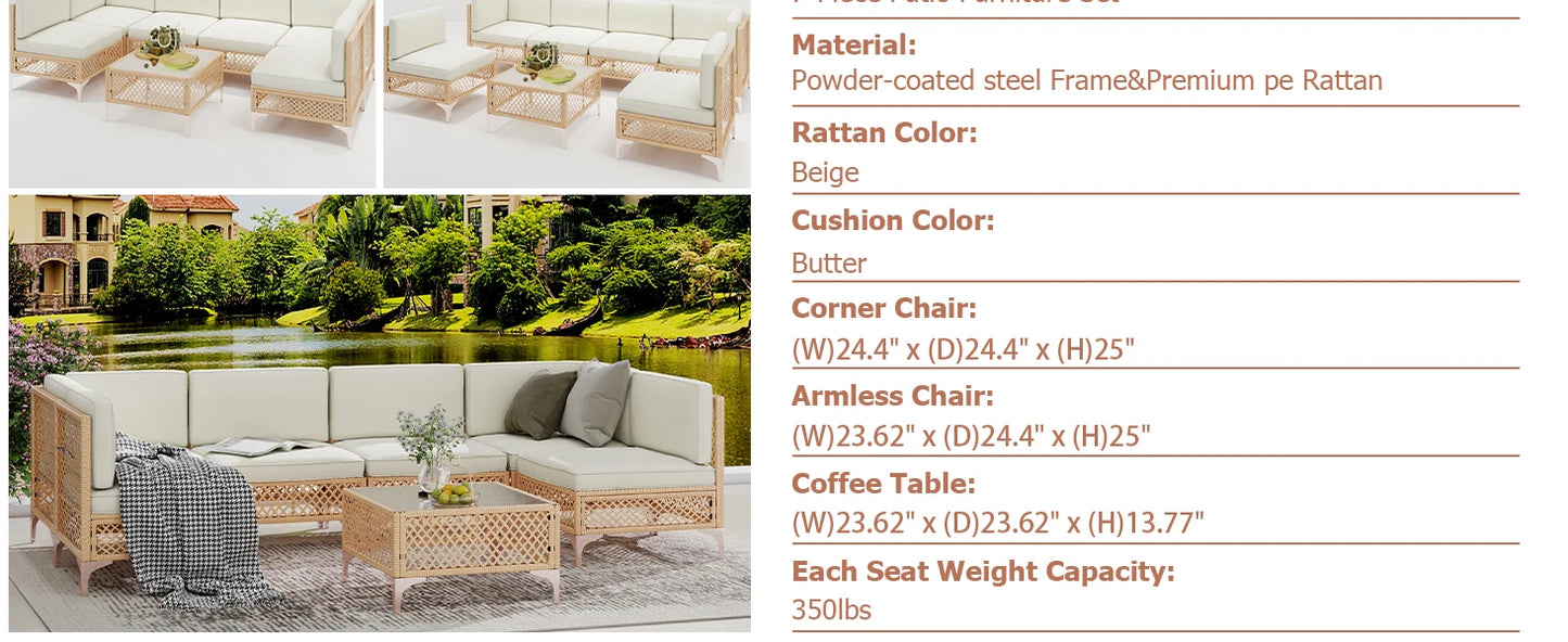 7 Piece Boho Patio Furniture Set with Deep Seating – All-Weather Wicker Sectional, 6" Cushions & Glass Coffee Table