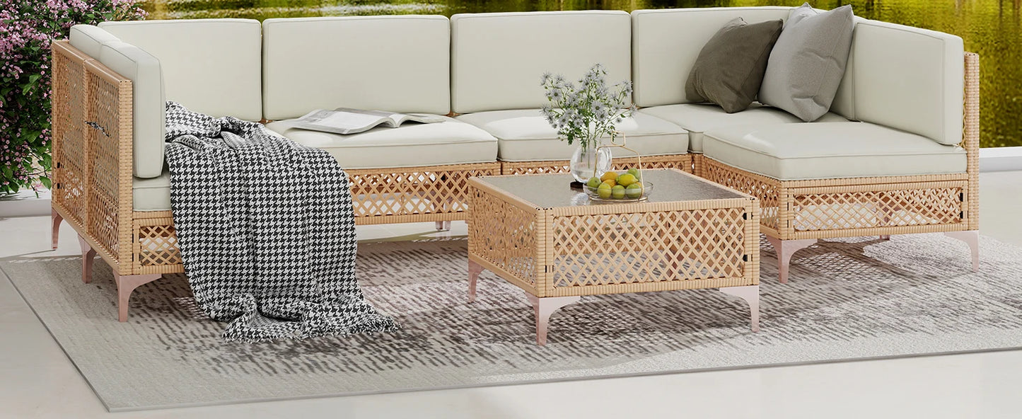7 Piece Boho Patio Furniture Set with Deep Seating – All-Weather Wicker Sectional, 6" Cushions & Glass Coffee Table
