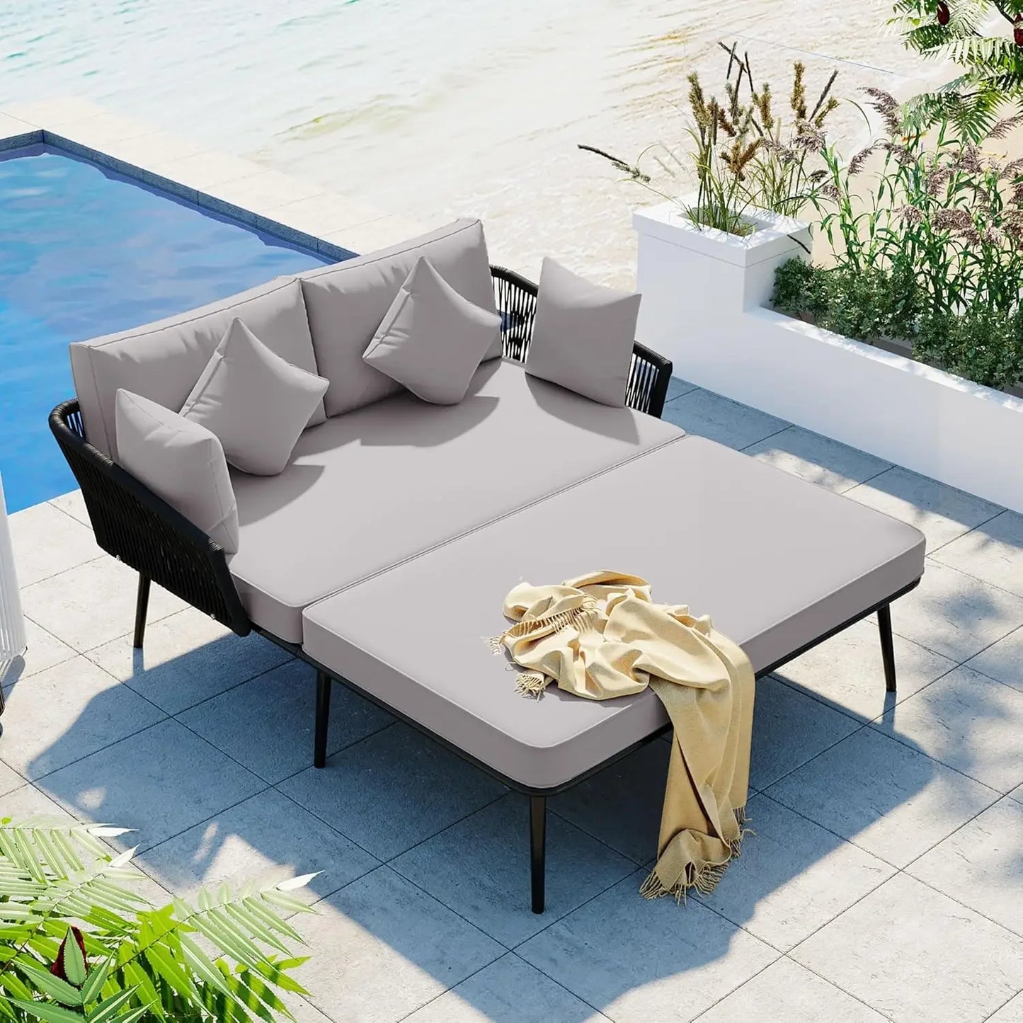 2-Person Outdoor Patio Daybed – Rope Backrest, 3.5" Cushions & Iron Frame with Adjustable Feet