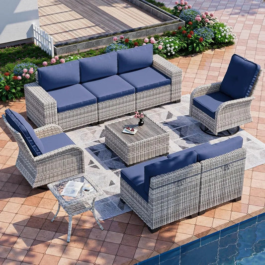 9-Piece Outdoor Patio Furniture Set with Swivel Rocking Chairs – All-Weather Wicker Sectional Sofa with Thick Cushions & Tempered Glass Coffee Table
