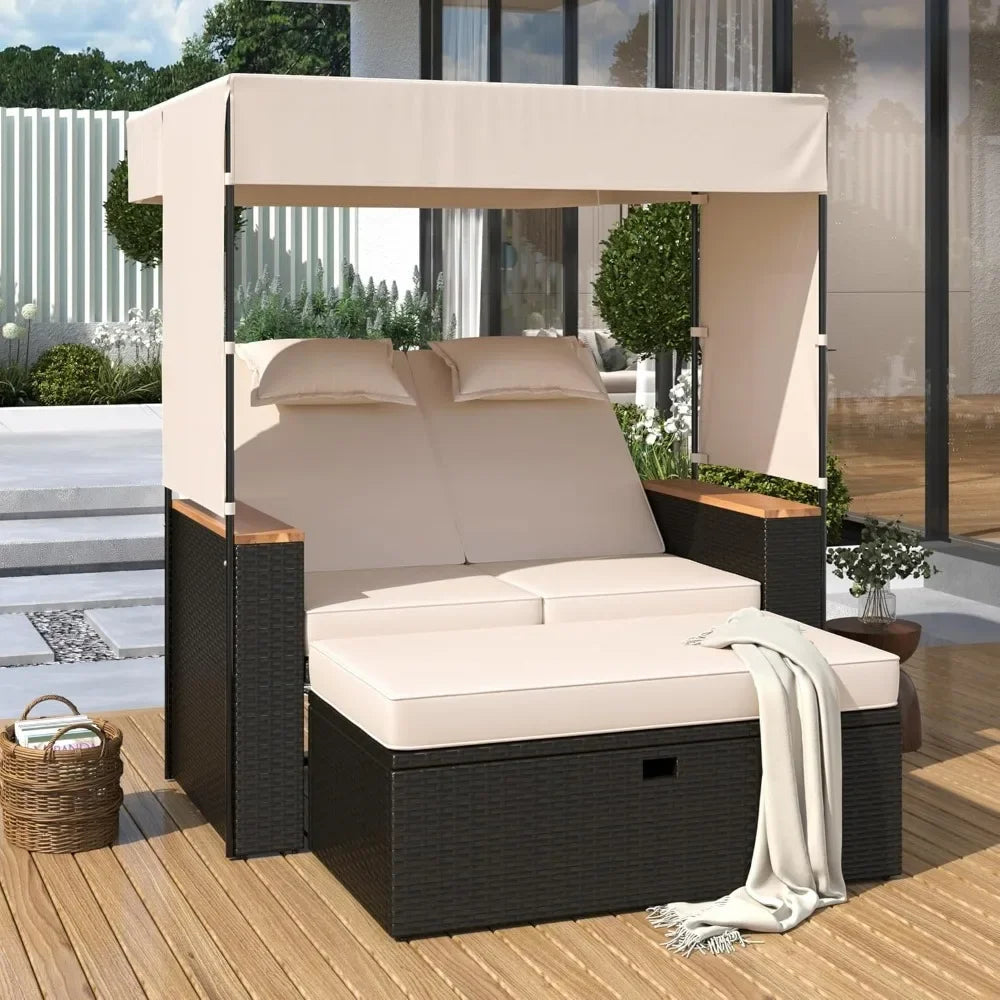 2-Piece Outdoor Sunbed Set with Canopy – PE Rattan Lounge Chair & Storage Bench with Cushions and Pillows
