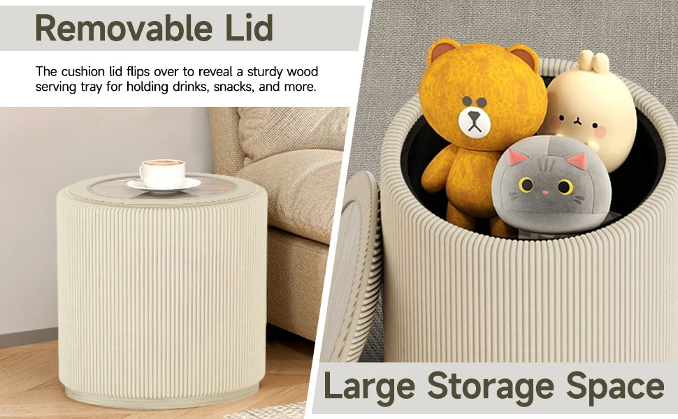 Round Storage Ottoman Stool – Upholstered Vanity Seat with Removable Lid & Hidden Organizer