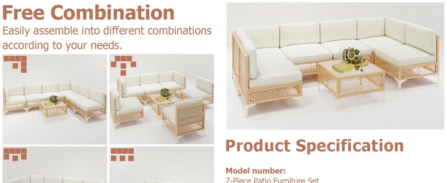 7 Piece Boho Patio Furniture Set with Deep Seating – All-Weather Wicker Sectional, 6" Cushions & Glass Coffee Table