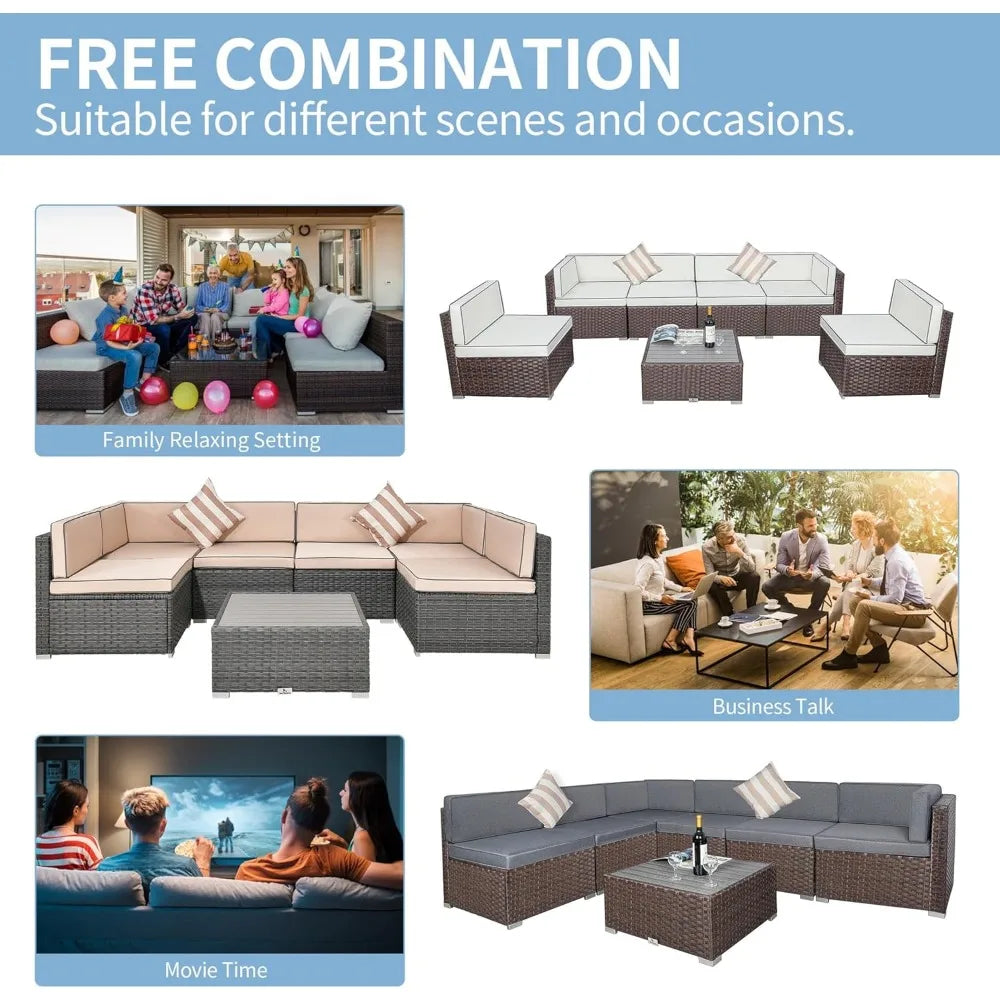 7-Piece Wicker Patio Furniture Set – Modular Sectional with Cushions & Coffee Table