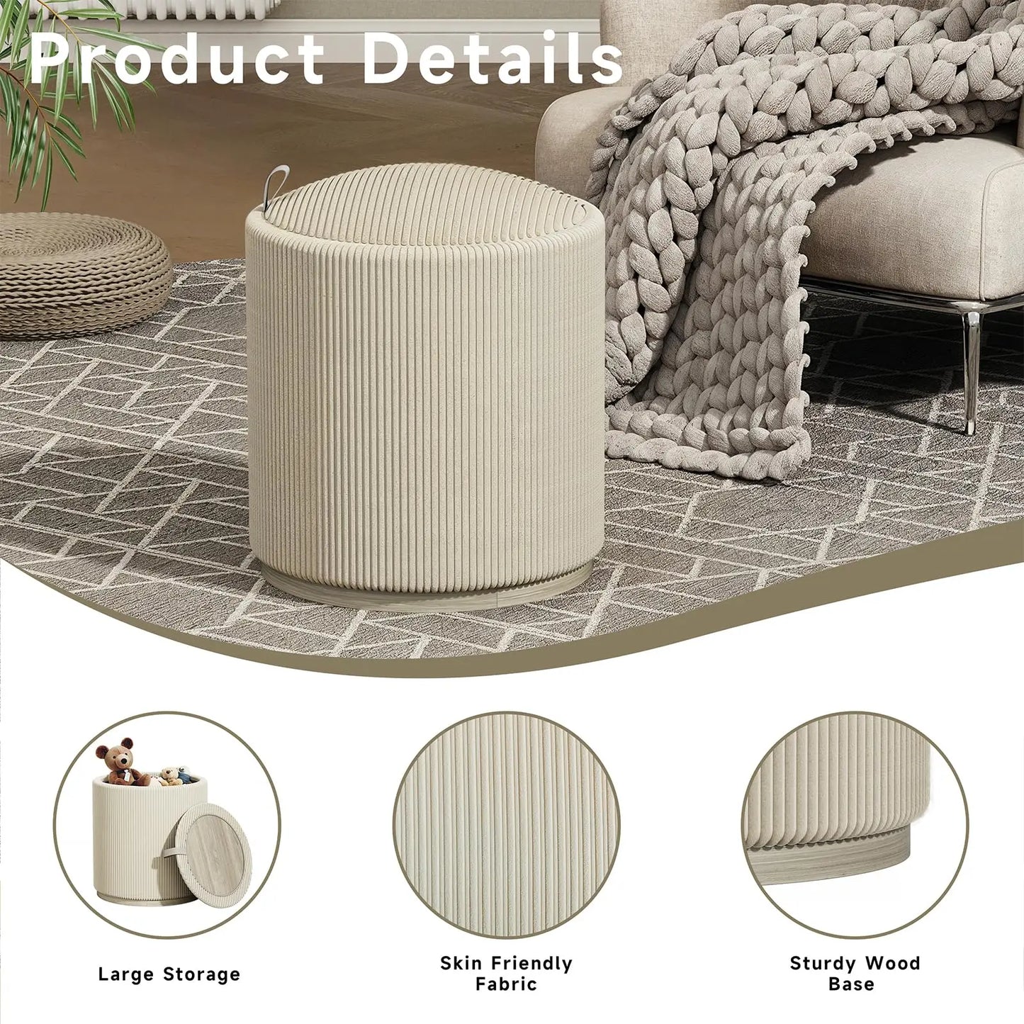 Round Storage Ottoman Stool – Upholstered Vanity Seat with Removable Lid & Hidden Organizer