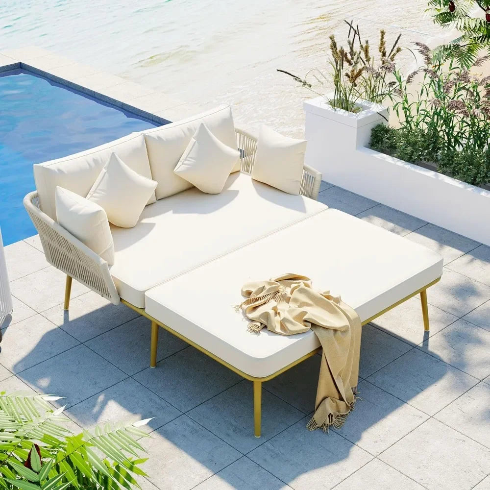 2-Person Outdoor Patio Daybed – Rope Backrest, 3.5" Cushions & Iron Frame with Adjustable Feet