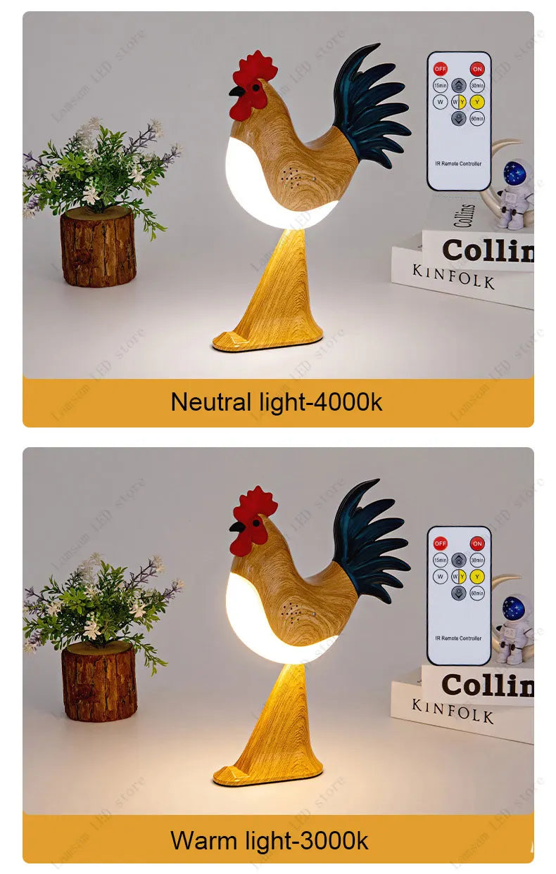 USB Rechargeable LED Rooster Table Lamp – Cordless Decorative Animal Light for Bedroom, Living Room & Hallway