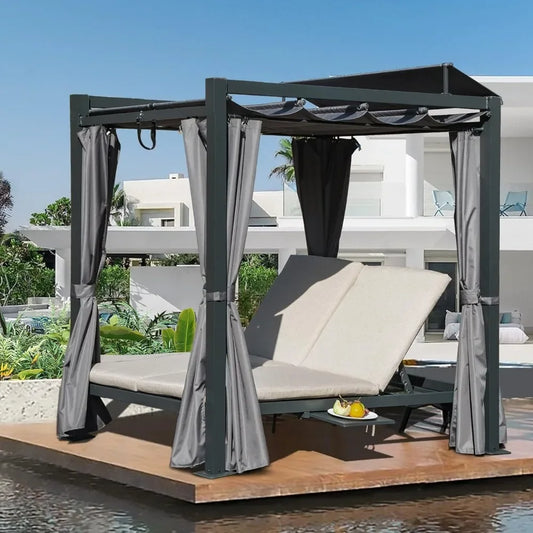 Aluminum Outdoor Patio Daybed with Retractable Canopy Bed & Cup Holder
