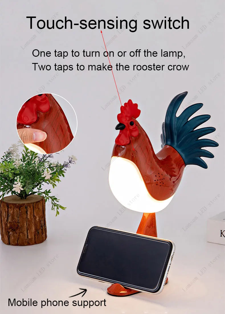 USB Rechargeable LED Rooster Table Lamp – Cordless Decorative Animal Light for Bedroom, Living Room & Hallway