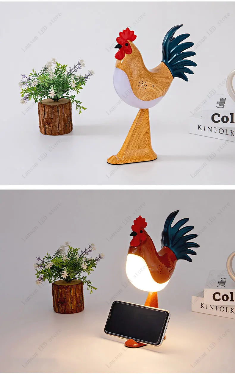USB Rechargeable LED Rooster Table Lamp – Cordless Decorative Animal Light for Bedroom, Living Room & Hallway