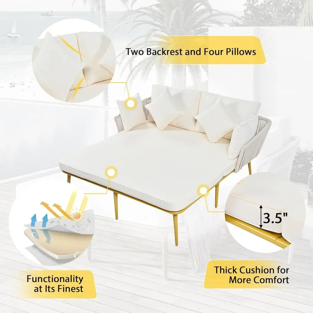 2-Person Outdoor Patio Daybed – Rope Backrest, 3.5" Cushions & Iron Frame with Adjustable Feet
