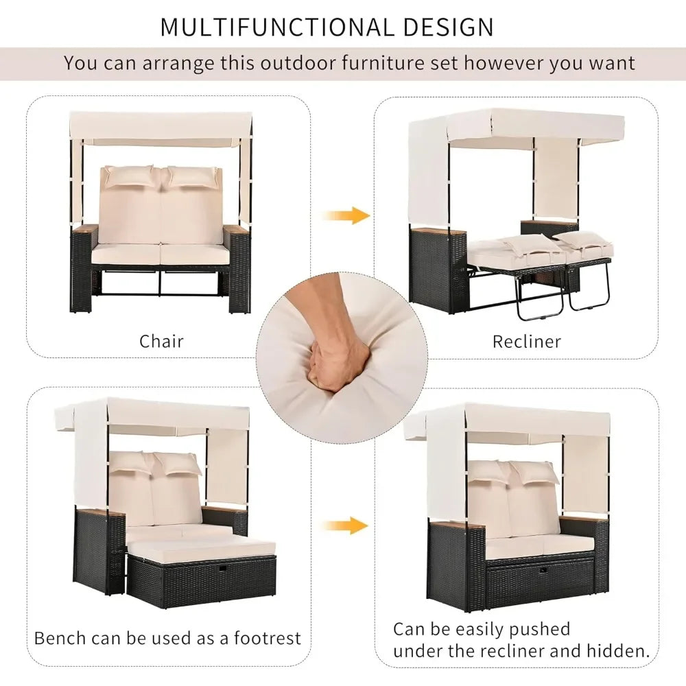 2-Piece Outdoor Sunbed Set with Canopy – PE Rattan Lounge Chair & Storage Bench with Cushions and Pillows