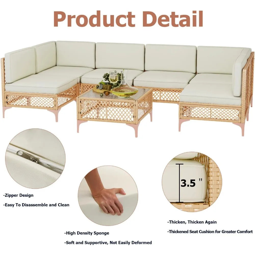 7 Piece Boho Patio Furniture Set with Deep Seating – All-Weather Wicker Sectional, 6" Cushions & Glass Coffee Table