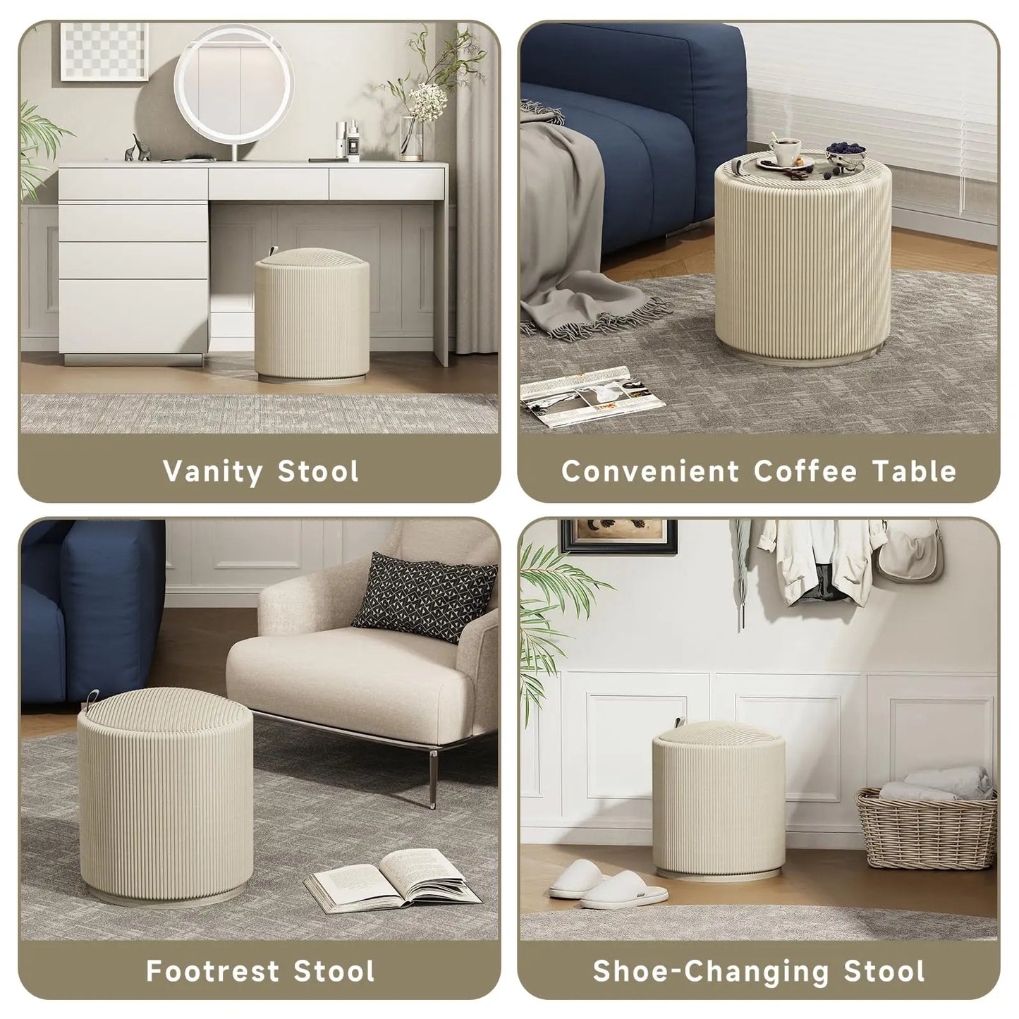Round Storage Ottoman Stool – Upholstered Vanity Seat with Removable Lid & Hidden Organizer