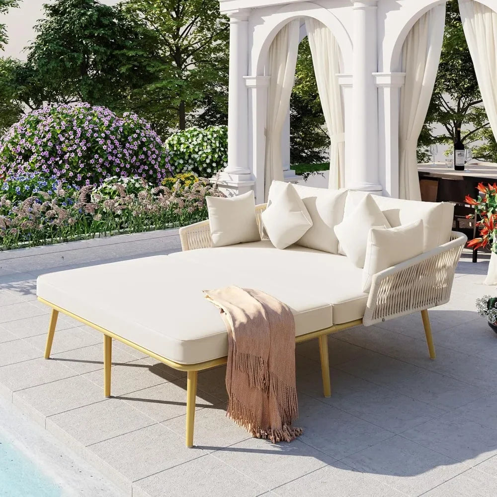 2-Person Outdoor Patio Daybed – Rope Backrest, 3.5" Cushions & Iron Frame with Adjustable Feet