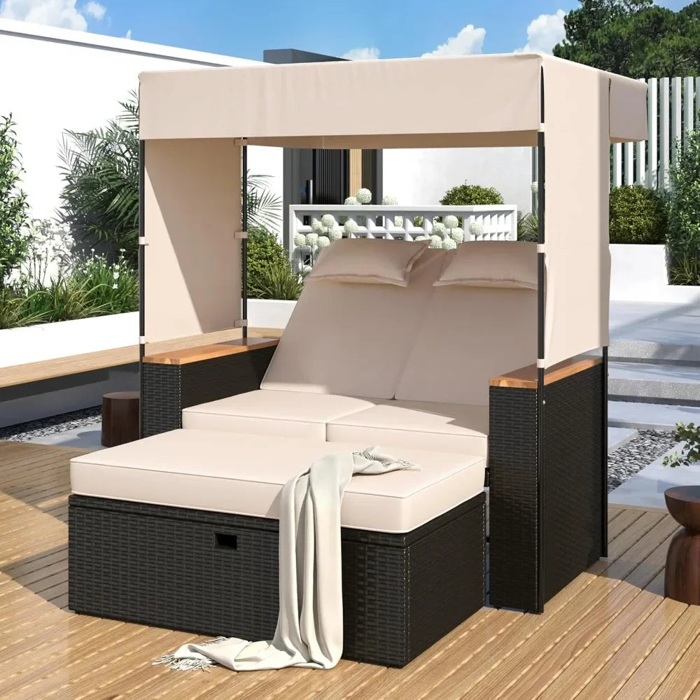 2-Piece Outdoor Sunbed Set with Canopy – PE Rattan Lounge Chair & Storage Bench with Cushions and Pillows