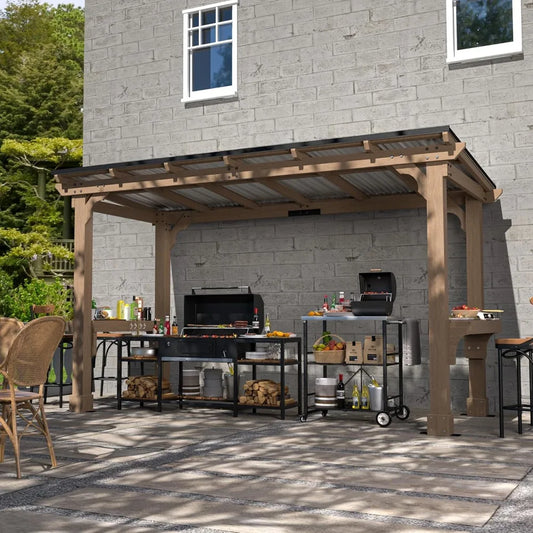 BBQ Canopy for Outdoor Patio, Lawn, Garden, 6 x 13 FT Wooden Grill Gazebo with Sloping Metal roof